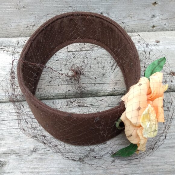 Vintage Brown Ring Hat with Netting and Orange Flower Bandeau Crown Autumn - Picture 5 of 8